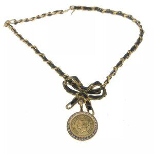 Chanel Bow Medallion Charm Rhinestone Pendant Necklace Gold Black 95P